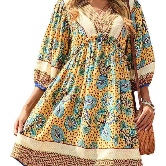 BTFBM Bohemian Colorful Floral Boho Chic Babydoll Dress Size L NWT - Picture 1 of 9